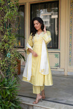 Thumbnail for Juniper Mustard Brocade Embroidered Kurta-Palazzo & Dupatta Set with Thread Work, Cotton Lace & Sequins - Distacart