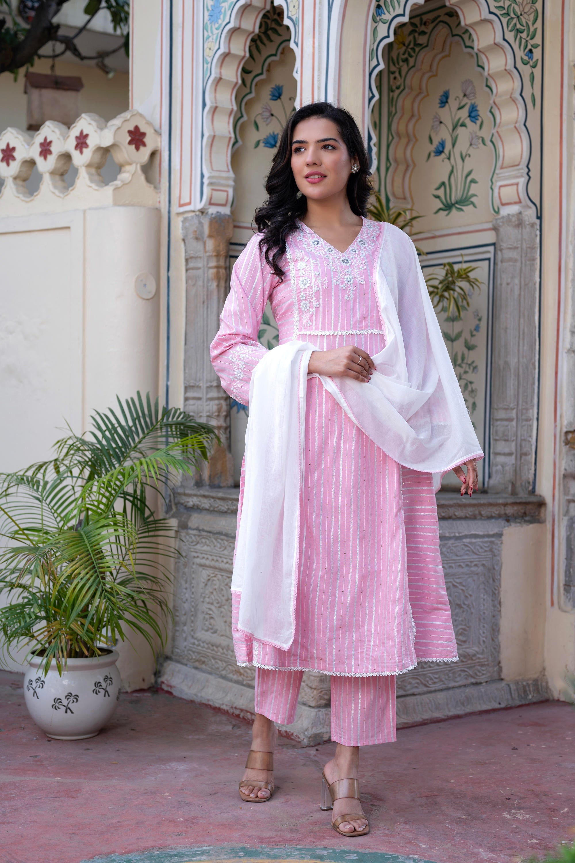 Juniper Pink Brocade Embroidered Kurta-Palazzo & Dupatta Set with Thread Work, Cotton Lace & Sequins - Distacart