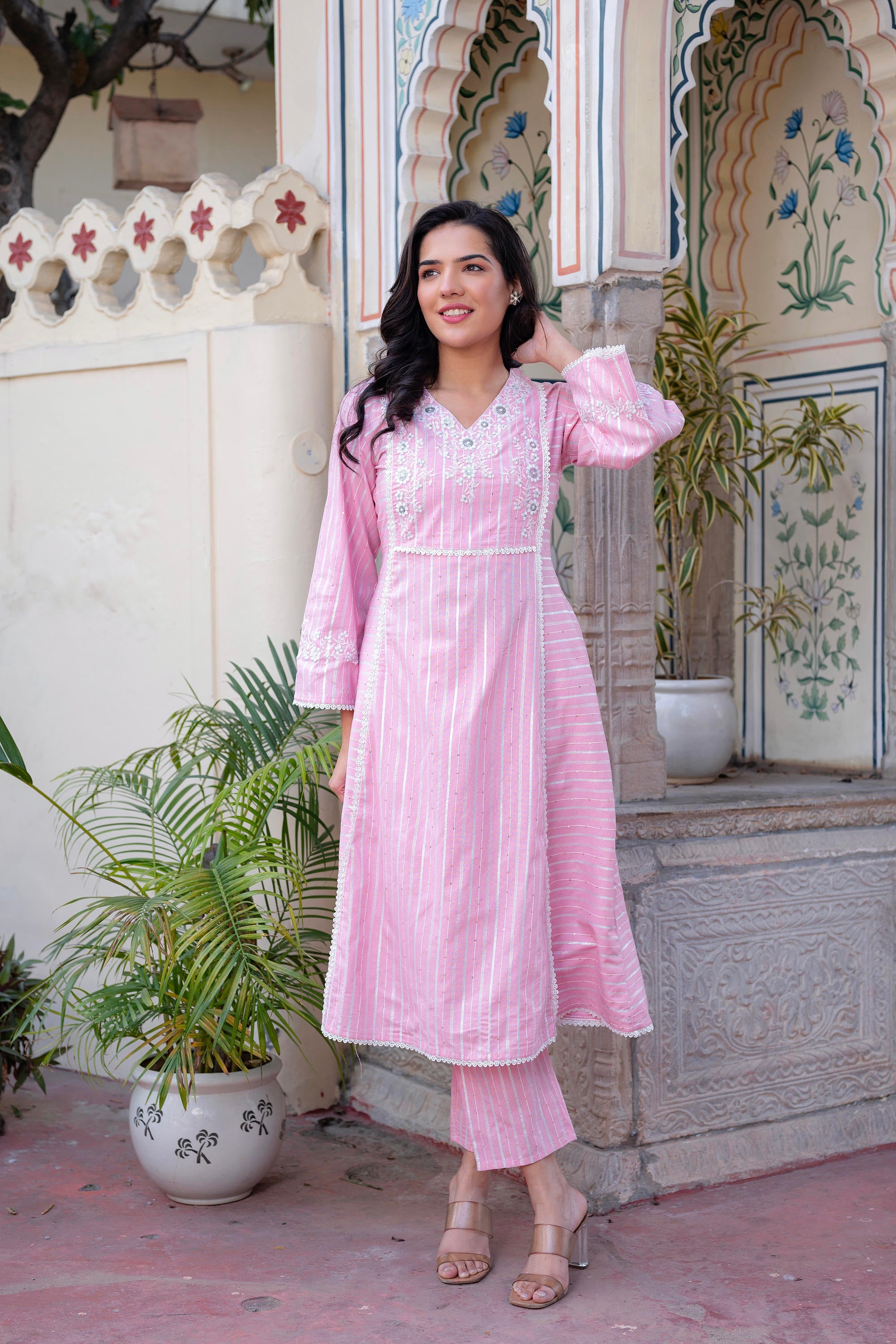 Juniper Pink Brocade Embroidered Kurta-Palazzo & Dupatta Set With Thread Work, Cotton Lace & Sequins - Distacart