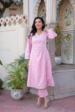 Thumbnail for Juniper Pink Brocade Embroidered Kurta-Palazzo & Dupatta Set With Thread Work, Cotton Lace & Sequins - Distacart