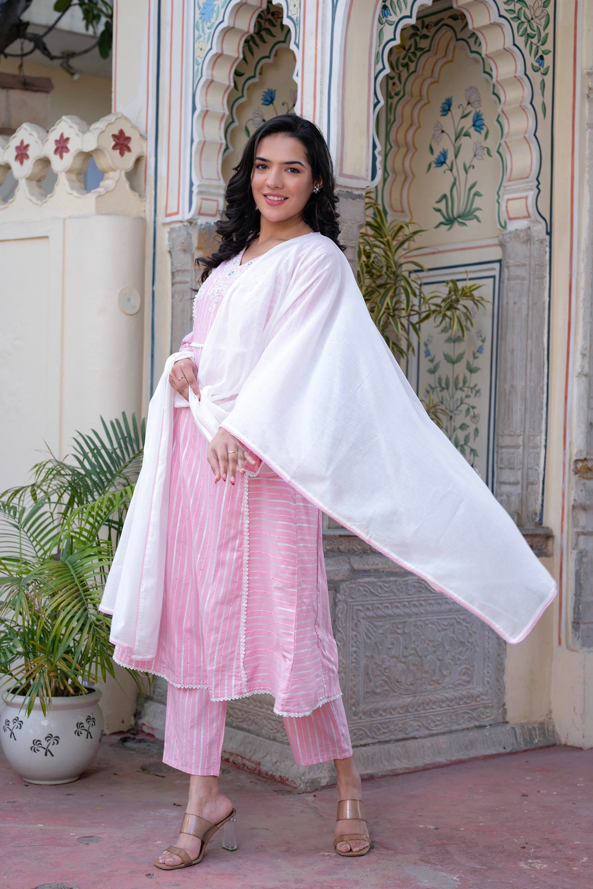 Juniper Pink Brocade Embroidered Kurta-Palazzo & Dupatta Set with Thread Work, Cotton Lace & Sequins - Distacart