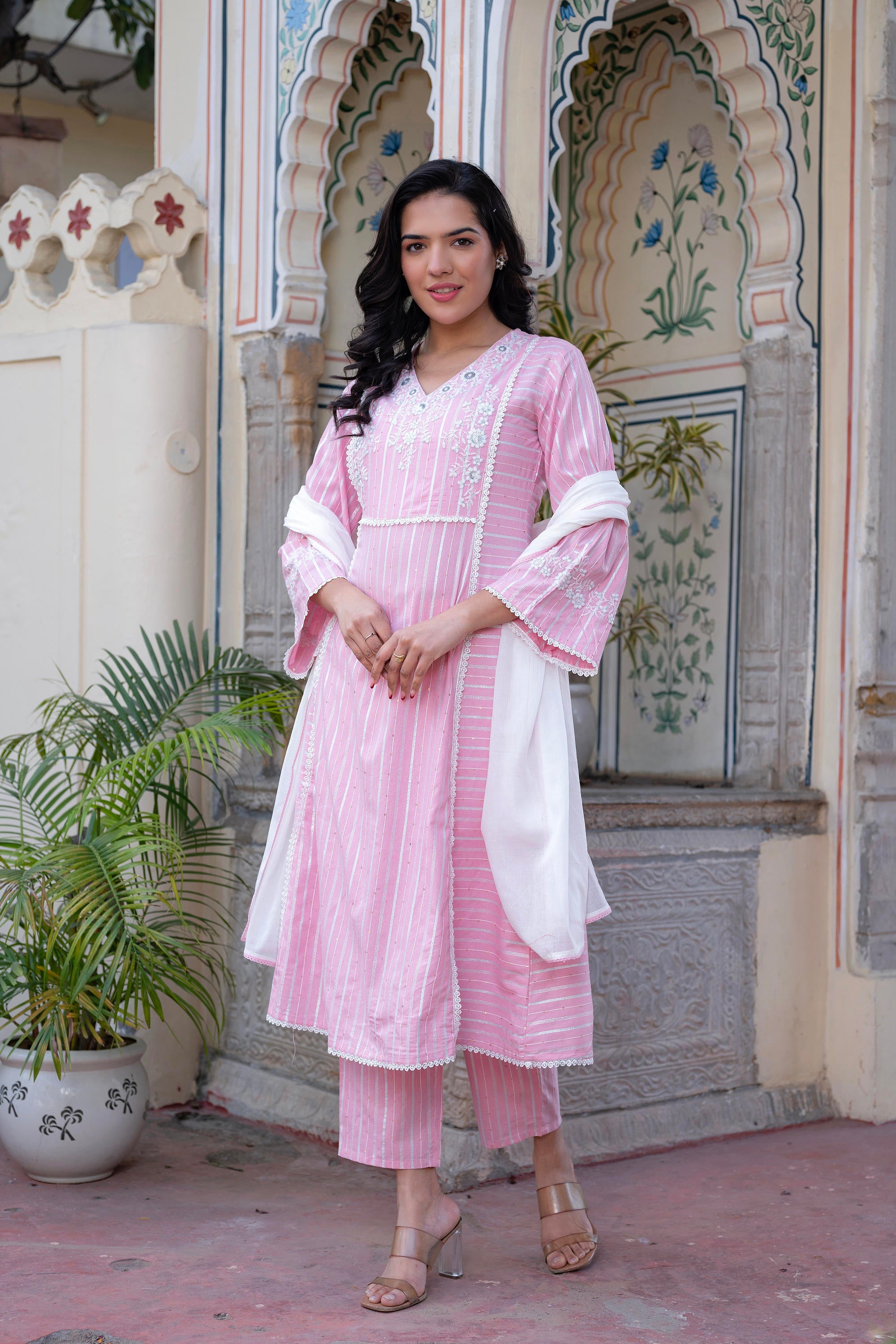 Juniper Pink Brocade Embroidered Kurta-Palazzo & Dupatta Set With Thread Work, Cotton Lace & Sequins - Distacart
