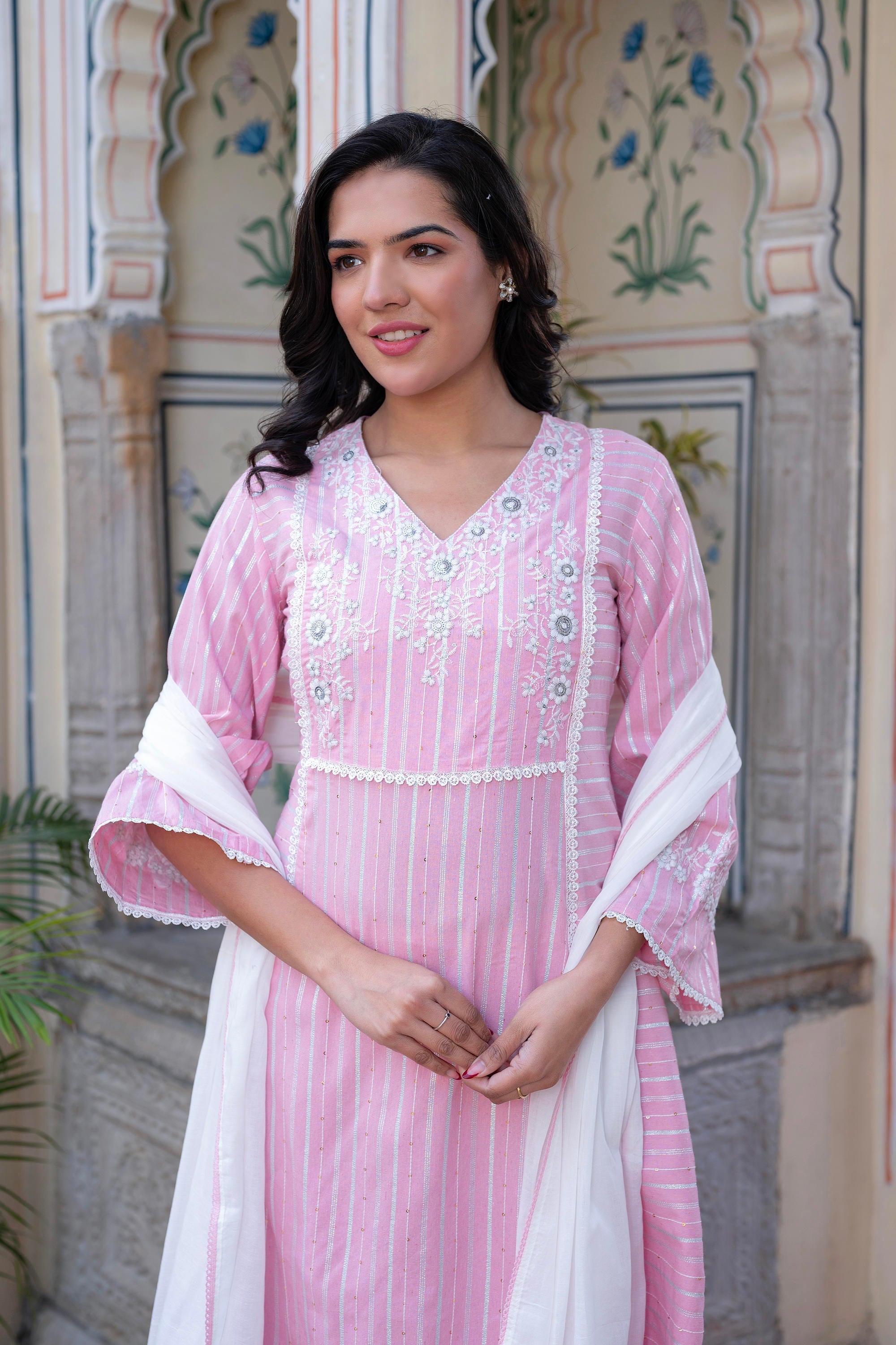 Juniper Pink Brocade Embroidered Kurta-Palazzo & Dupatta Set with Thread Work, Cotton Lace & Sequins - Distacart