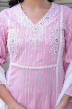 Thumbnail for Juniper Pink Brocade Embroidered Kurta-Palazzo & Dupatta Set with Thread Work, Cotton Lace & Sequins - Distacart