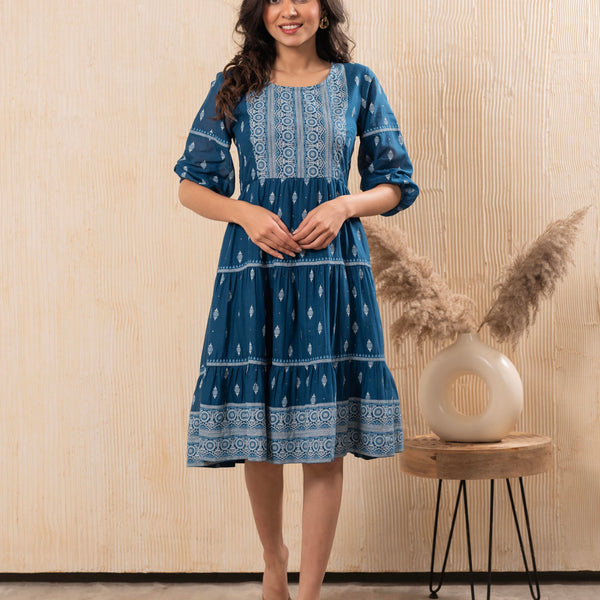 Juniper Indigo Blue Printed Boho Knee-Length Fit & Flare Dress