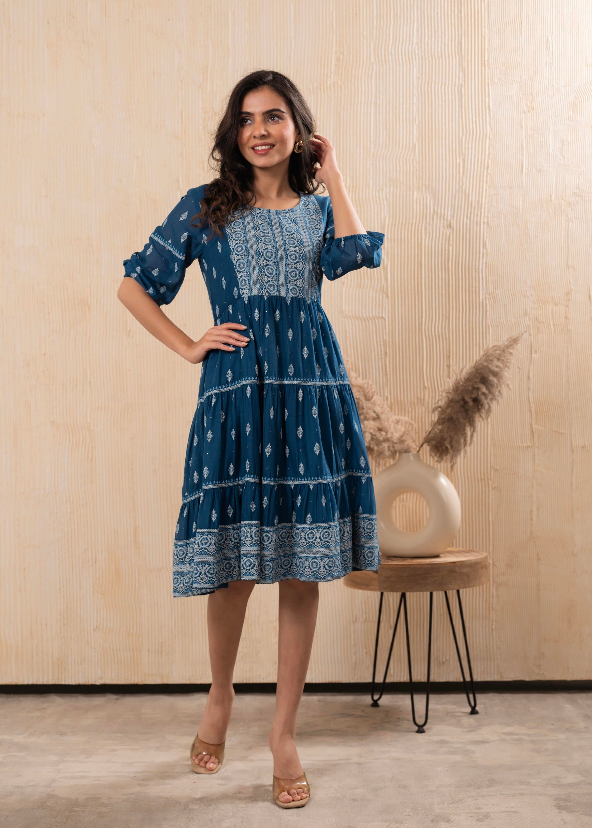 Juniper Indigo Blue Printed Boho Knee-Length Fit & Flare Dress
