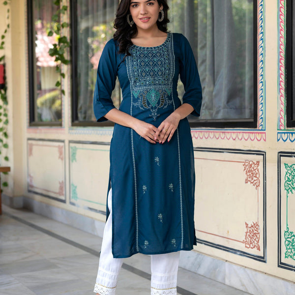 Juniper Blue Viscose Geometric Printed Kurta with Ethnic Motifs & Thread Work - Distacart