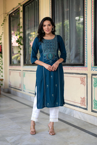 Juniper Blue Viscose Geometric Printed Kurta With Ethnic Motifs & Thread Work