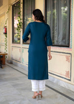 Thumbnail for Juniper Blue Viscose Geometric Printed Kurta With Ethnic Motifs & Thread Work