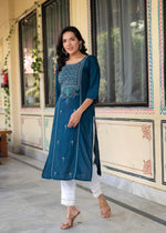 Thumbnail for Juniper Blue Viscose Geometric Printed Kurta With Ethnic Motifs & Thread Work
