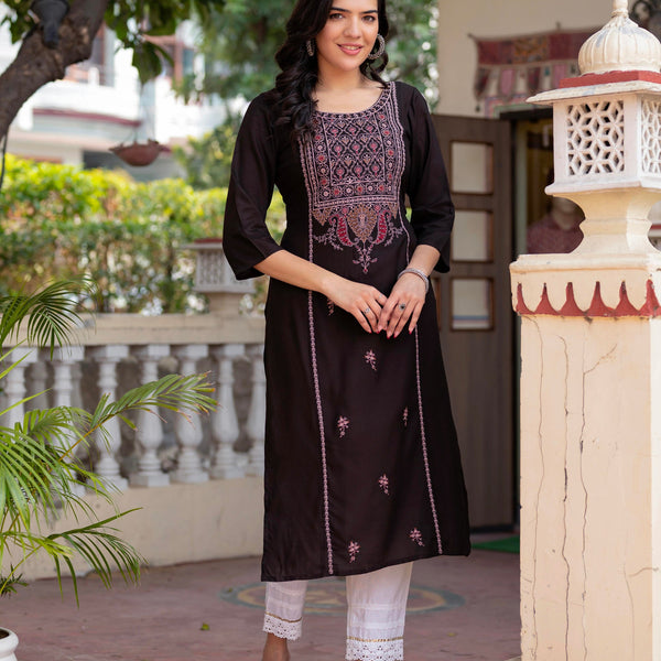 Juniper Dark Coffee Viscose Geometric Printed Kurta with Ethnic Motifs & Thread Work - Distacart