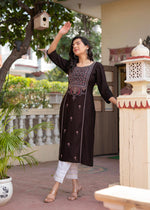 Thumbnail for Juniper Dark Coffee Viscose Geometric Printed Kurta With Ethnic Motifs & Thread Work