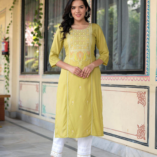 Juniper Lime Viscose Geometric Printed Kurta
