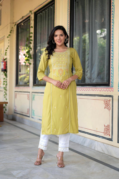 Juniper Lime Viscose Geometric Printed Kurta