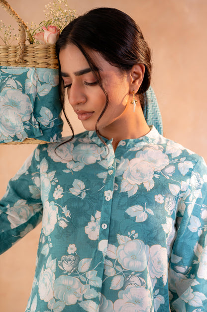 Juniper Teal Garden Bloom Kurta And Pant Set - Distacart