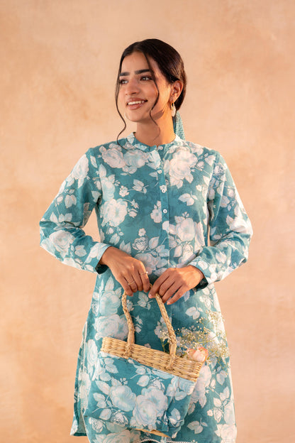 Juniper Teal Garden Bloom Kurta And Pant Set - Distacart