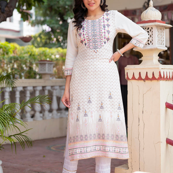 Juniper Off White Viscose Ethnic Motif Kurta With Thread Work - Distacart