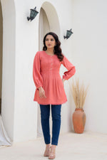 Thumbnail for Juniper Coral Solid Viscose Tunic With Buttons & Lace - Distacart