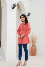 Thumbnail for Juniper Coral Solid Viscose Tunic With Buttons & Lace - Distacart