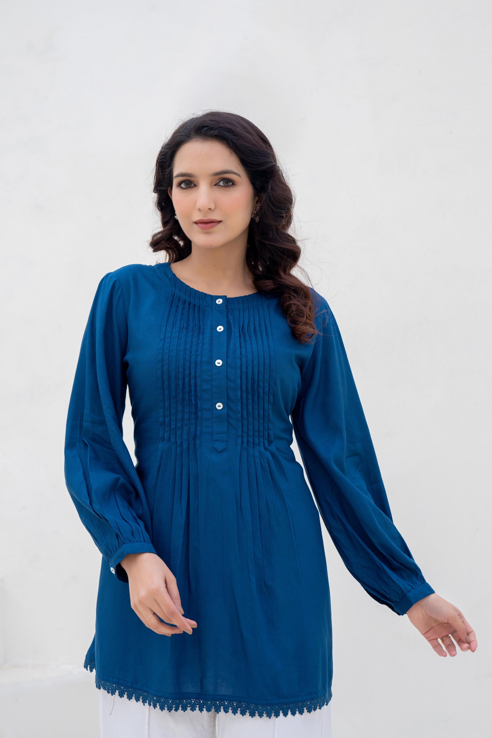 Juniper Navy Solid Viscose Tunic With Buttons & Lace