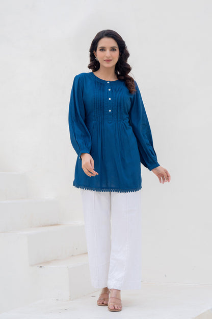 Juniper Navy Solid Viscose Tunic With Buttons & Lace - Distacart