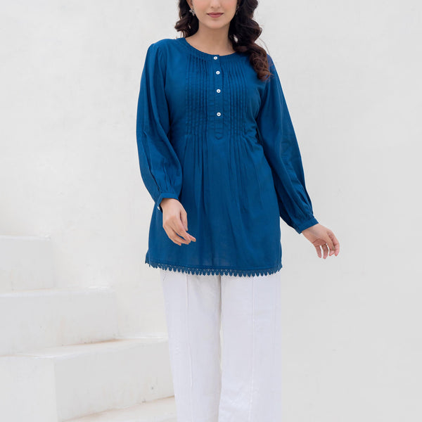 Juniper Navy Solid Viscose Tunic With Buttons & Lace