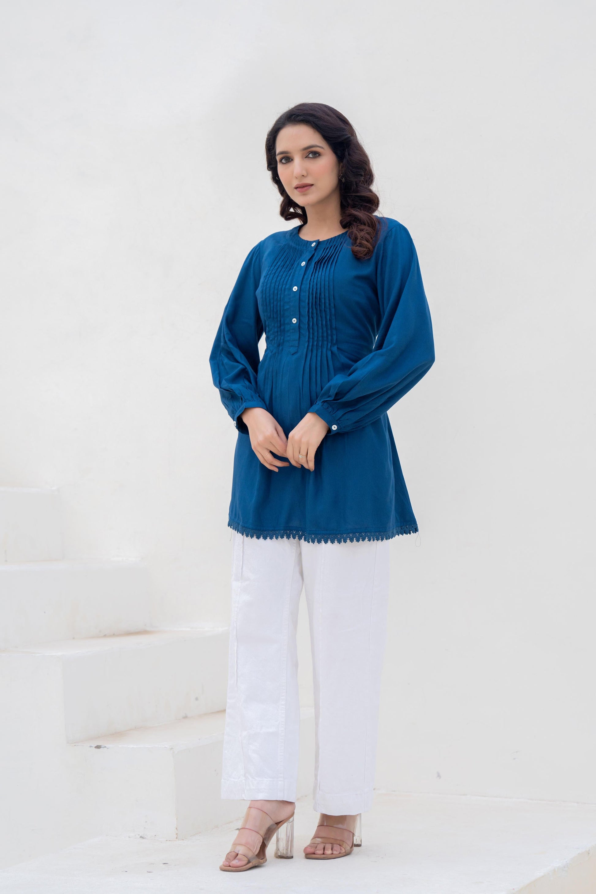 Juniper Navy Solid Viscose Tunic With Buttons & Lace - Distacart