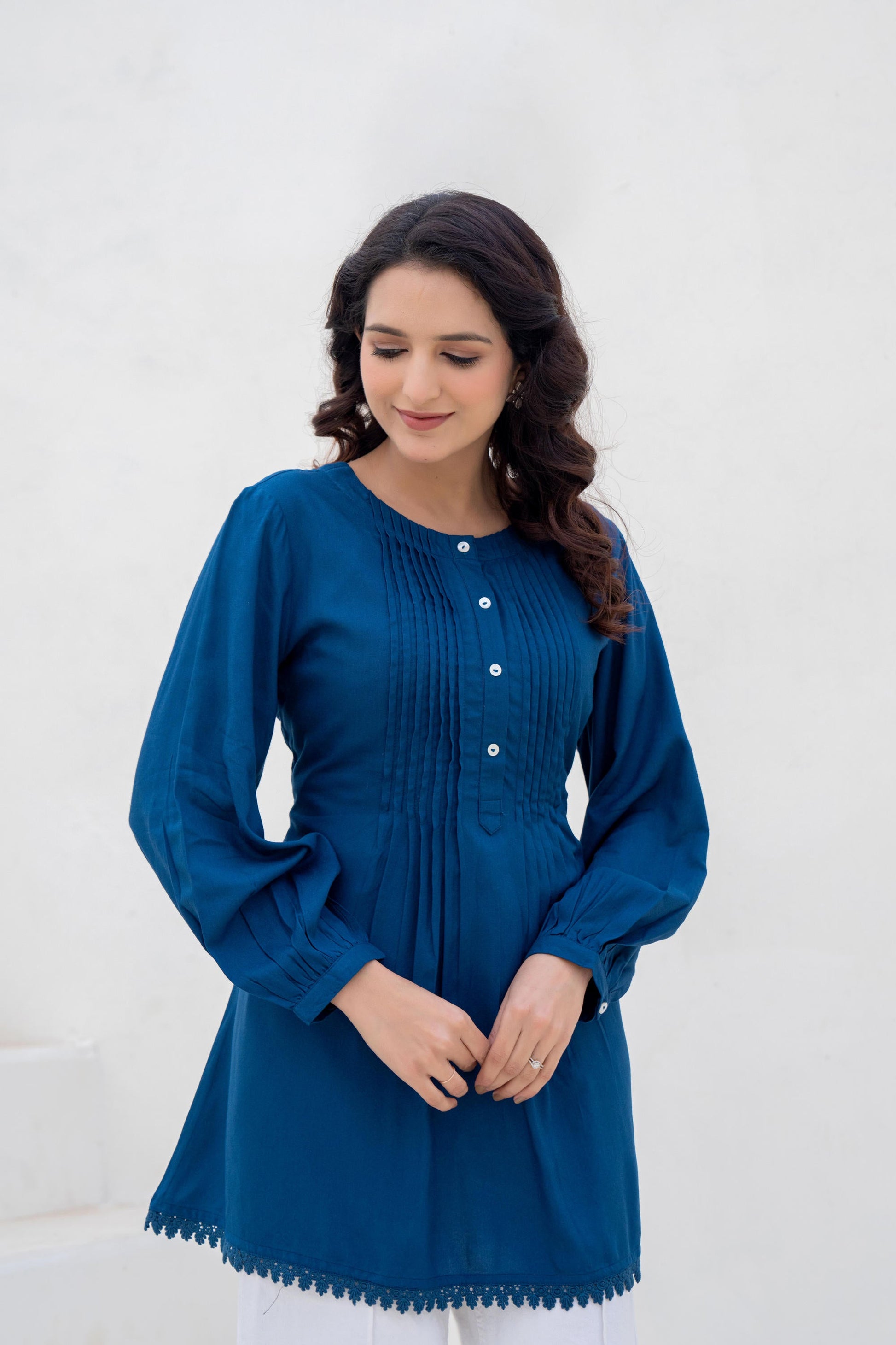 Juniper Navy Solid Viscose Tunic With Buttons & Lace - Distacart