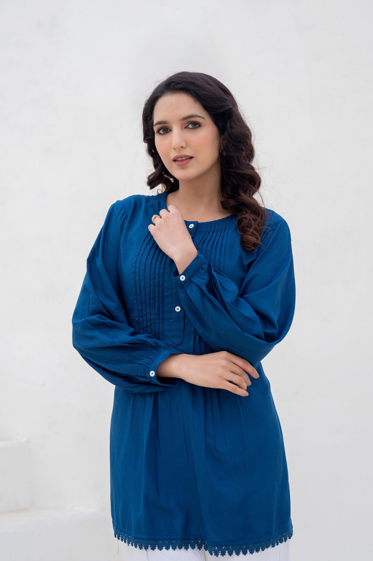 Juniper Navy Solid Viscose Tunic With Buttons & Lace - Distacart