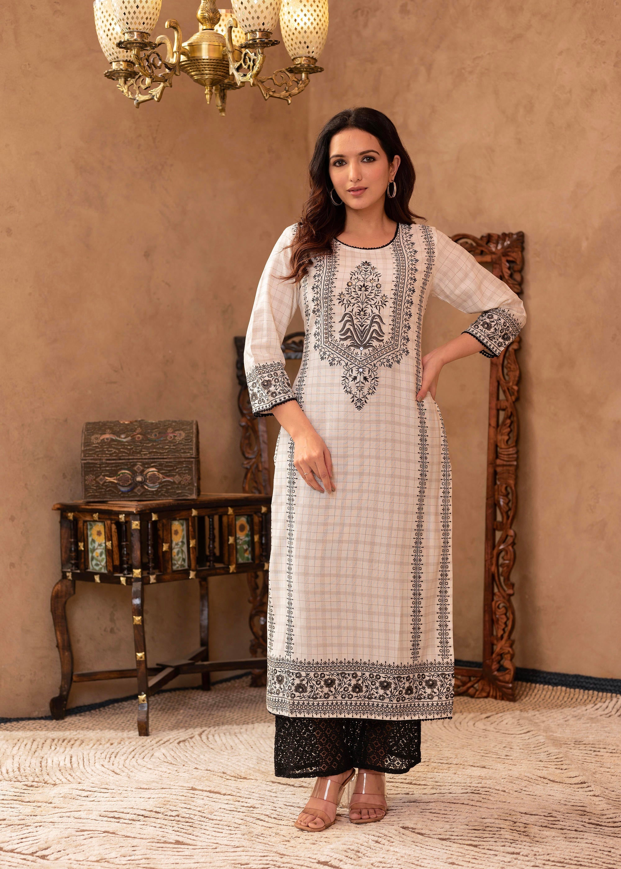 Juniper Black & White Ethnic Motif Printed Viscose Kurta with Cotton Lace & Sequins - Distacart