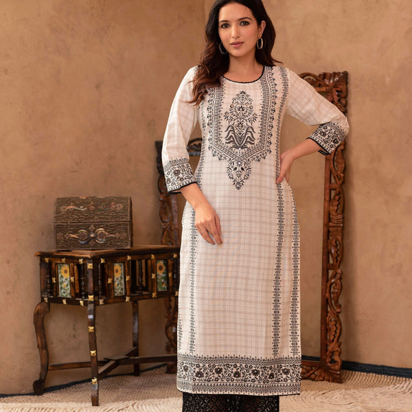 Juniper Black & White Ethnic Motif Printed Viscose Kurta with Cotton Lace & Sequins - Distacart