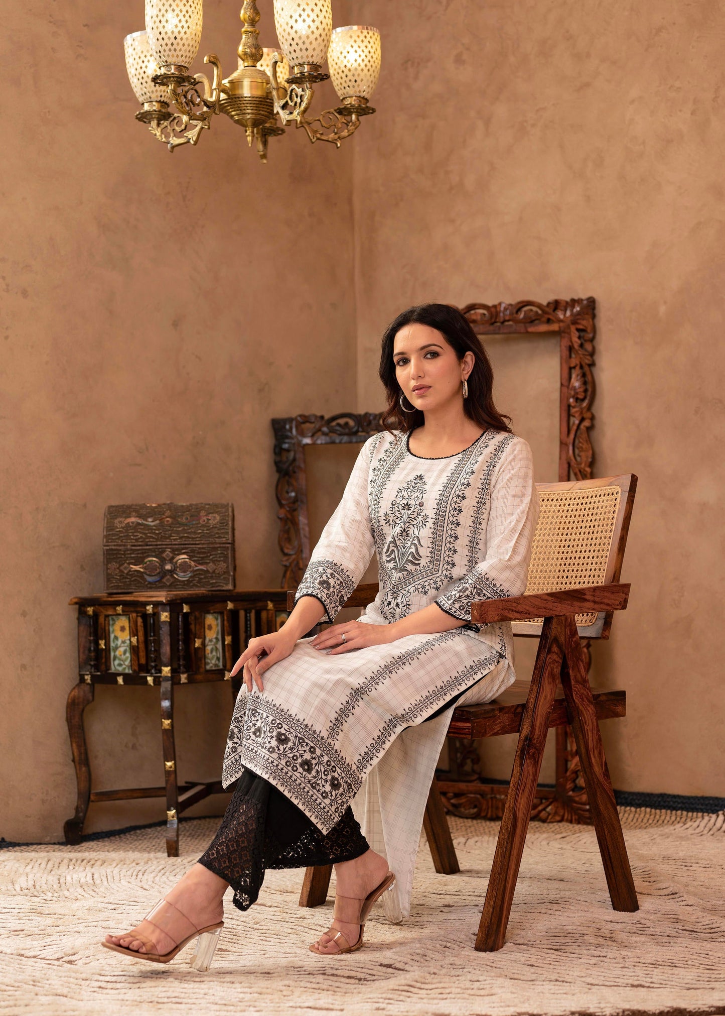 Juniper Black & White Ethnic Motif Printed Viscose Kurta with Cotton Lace & Sequins - Distacart