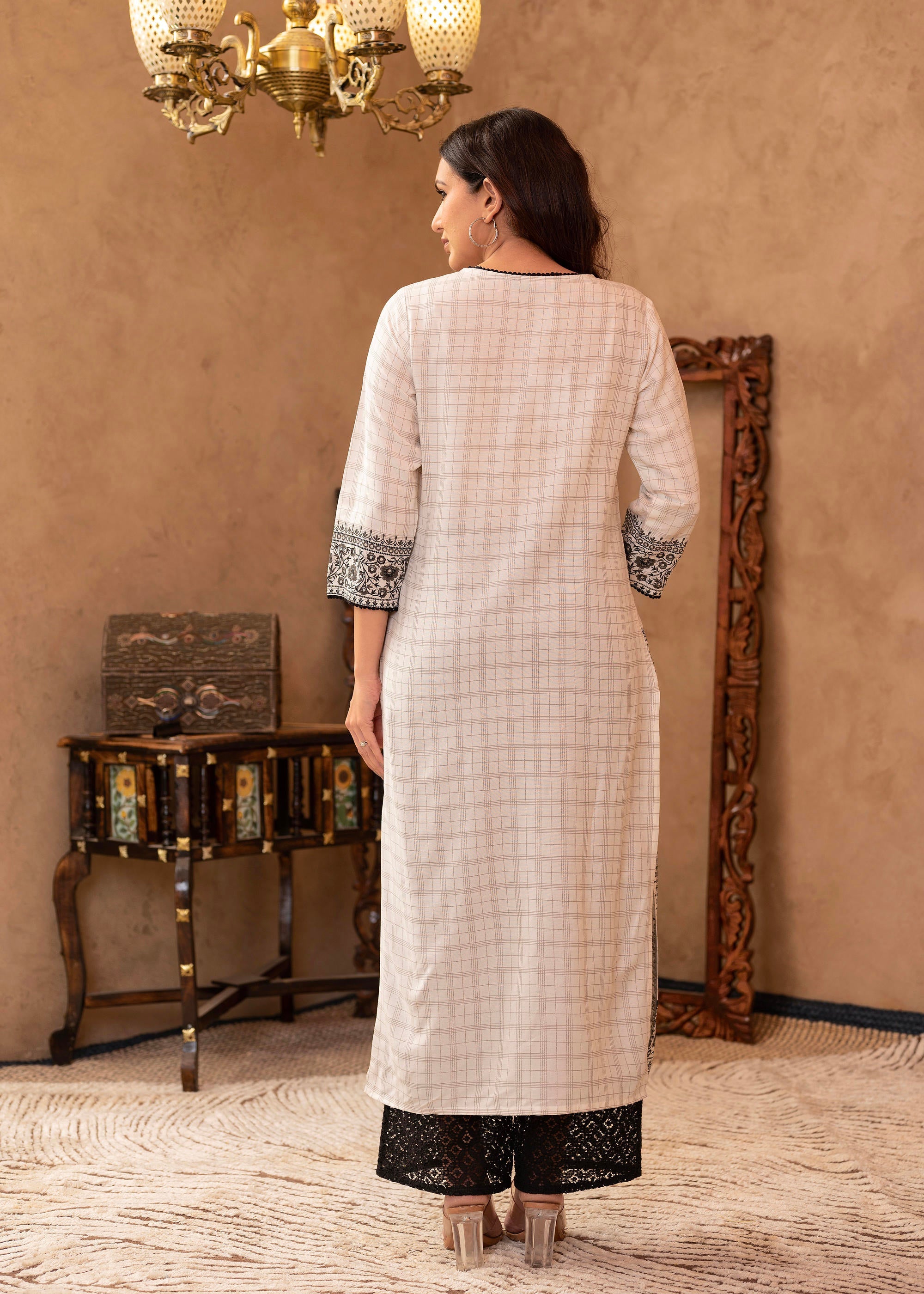 Juniper Black & White Ethnic Motif Printed Viscose Kurta with Cotton Lace & Sequins - Distacart