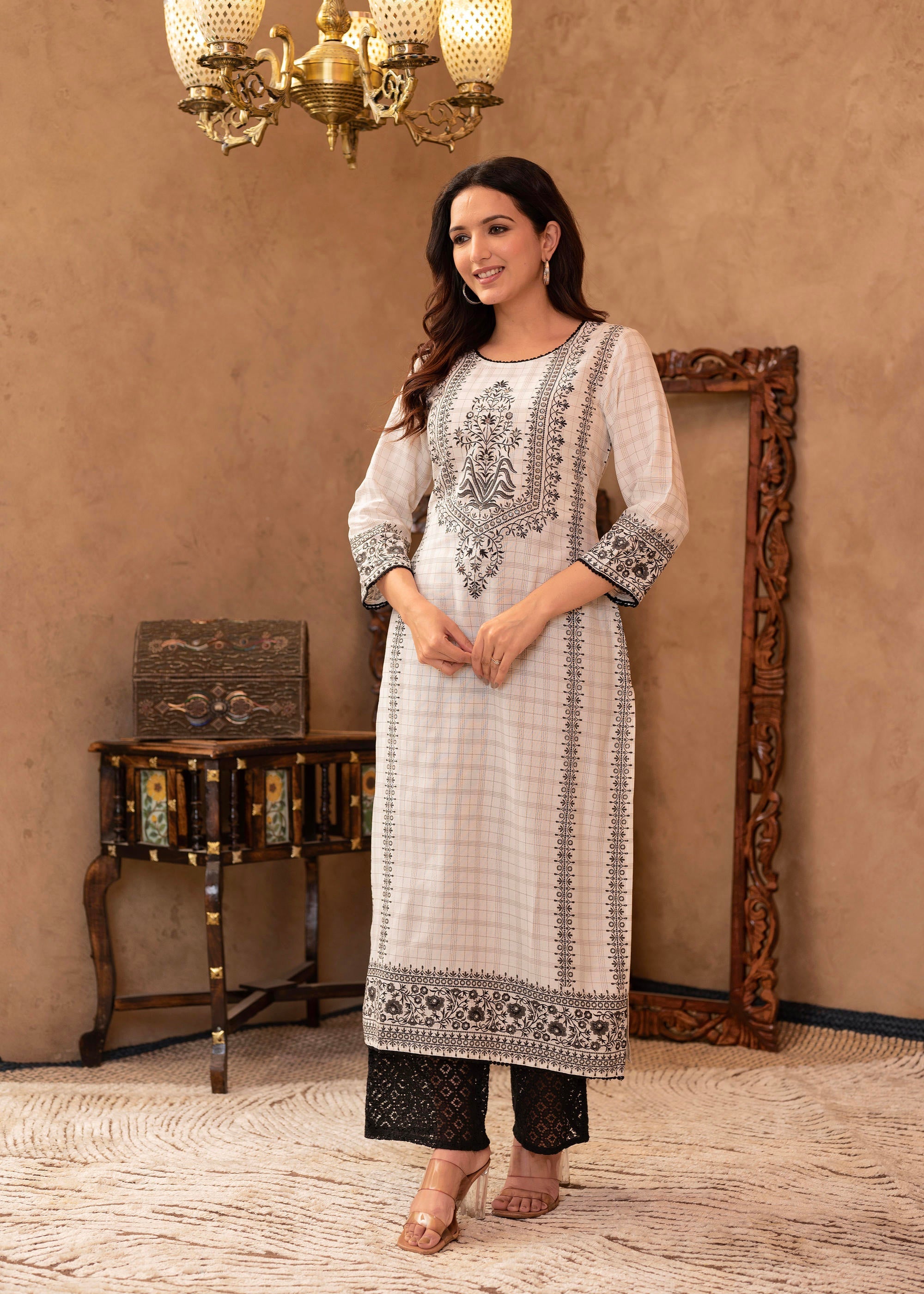 Juniper Black & White Ethnic Motif Printed Viscose Kurta with Cotton Lace & Sequins - Distacart