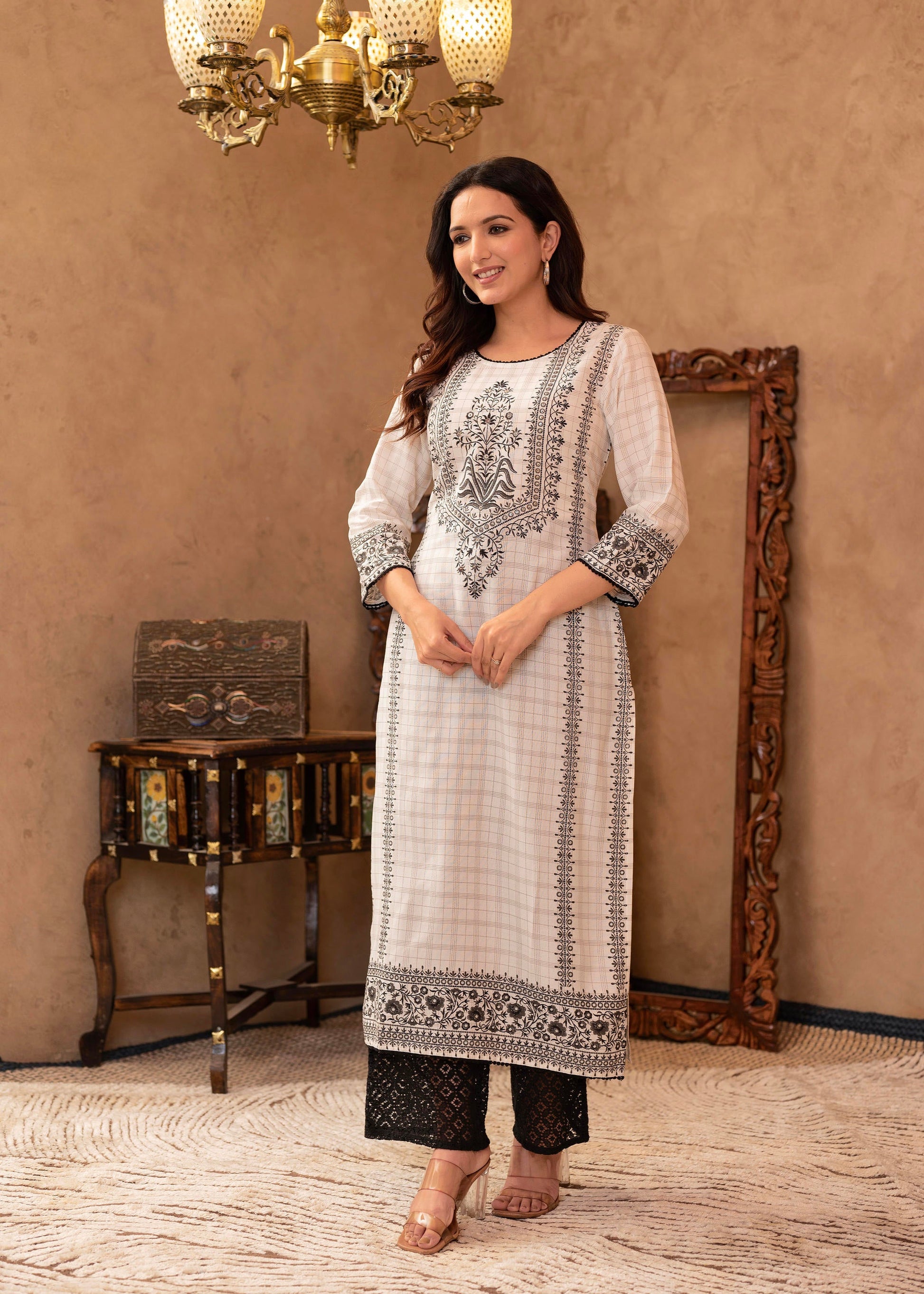 Juniper Black & White Ethnic Motif Printed Viscose Kurta with Cotton Lace & Sequins - Distacart