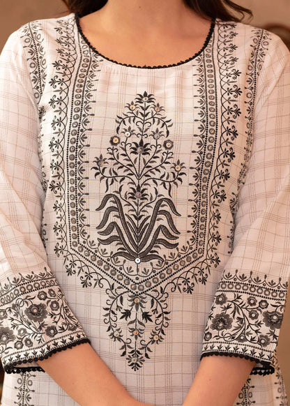 Juniper Black & White Ethnic Motif Printed Viscose Kurta with Cotton Lace & Sequins - Distacart