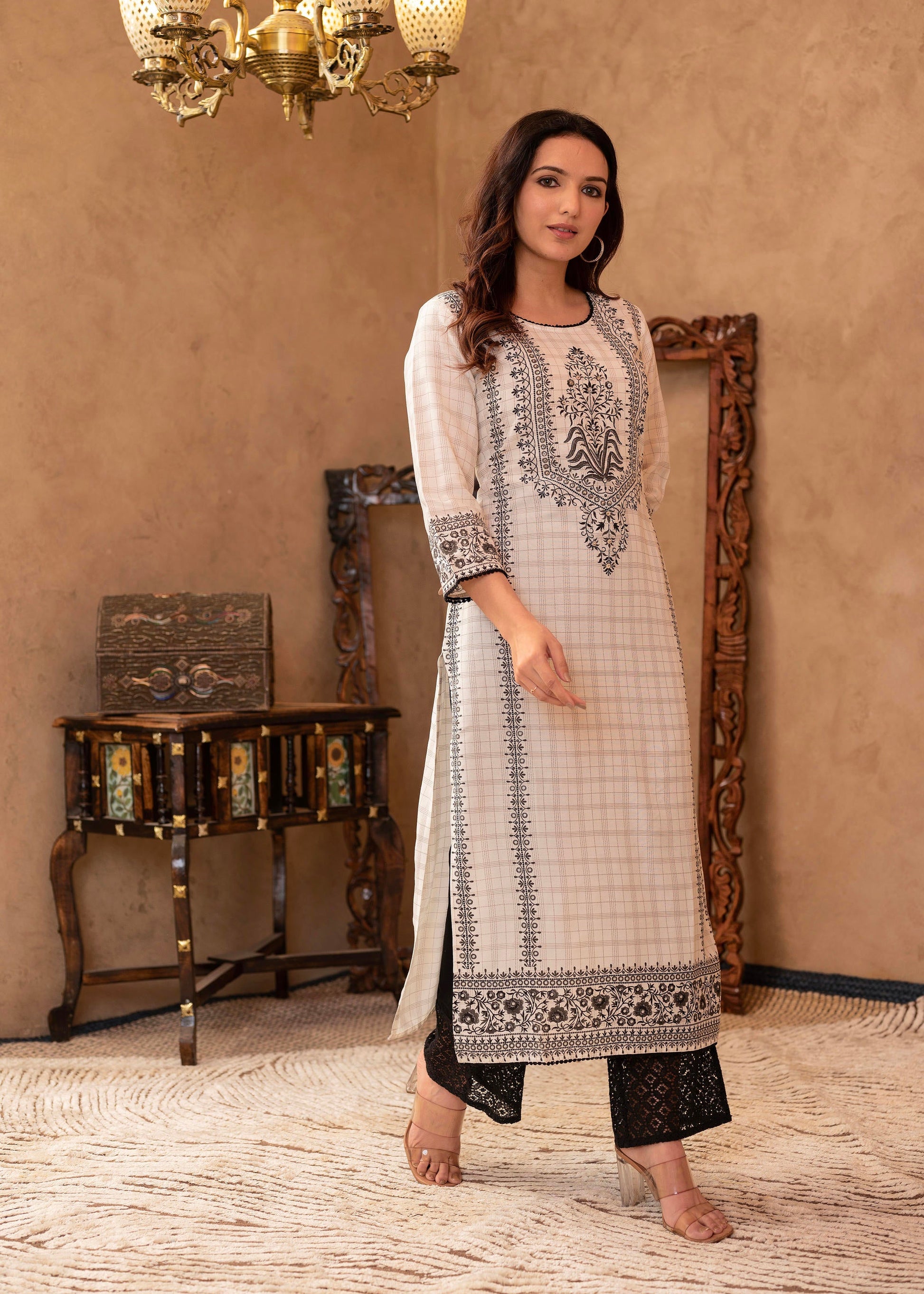 Juniper Black & White Ethnic Motif Printed Viscose Kurta with Cotton Lace & Sequins - Distacart