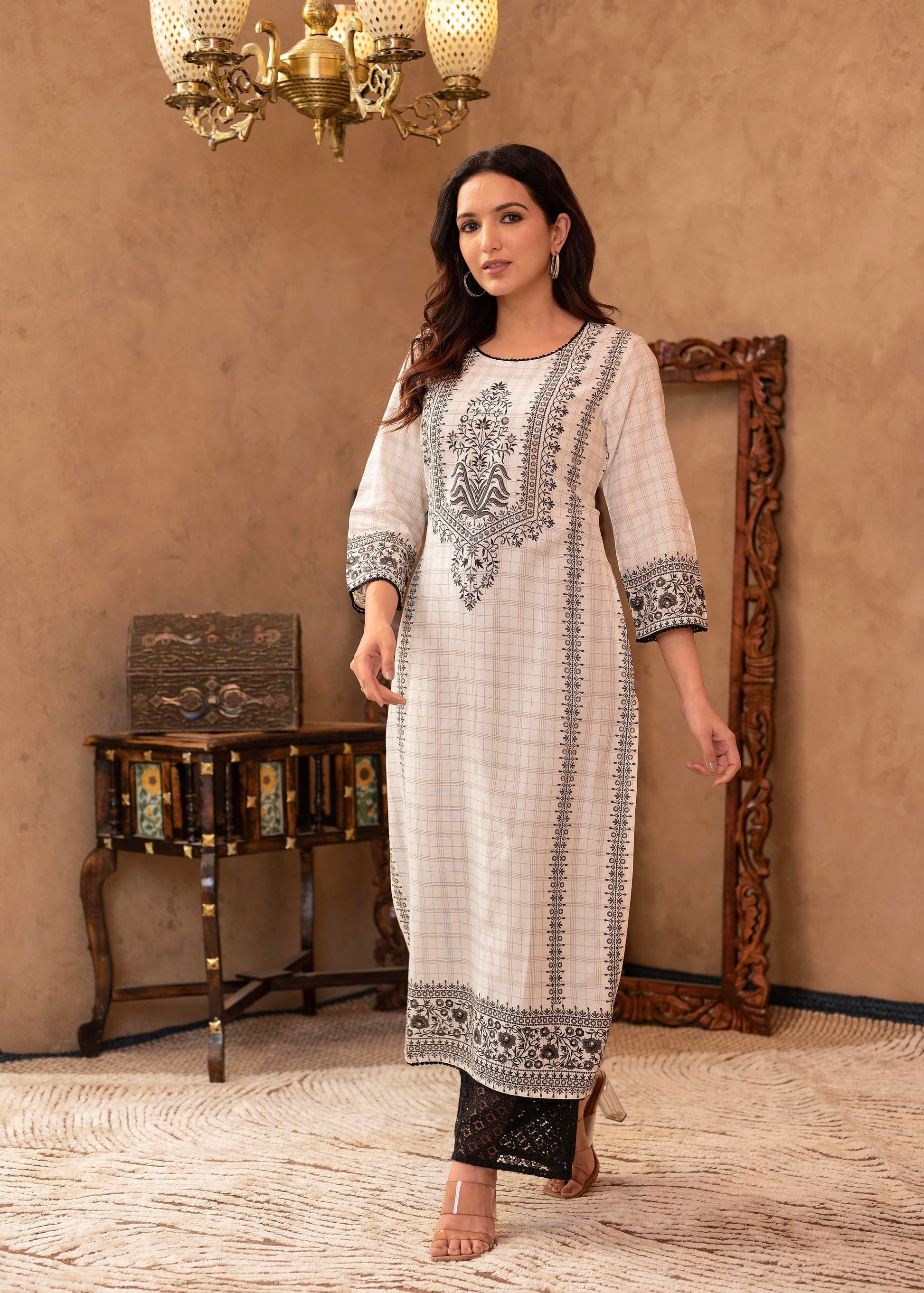 Juniper Black & White Ethnic Motif Printed Viscose Kurta with Cotton Lace & Sequins - Distacart