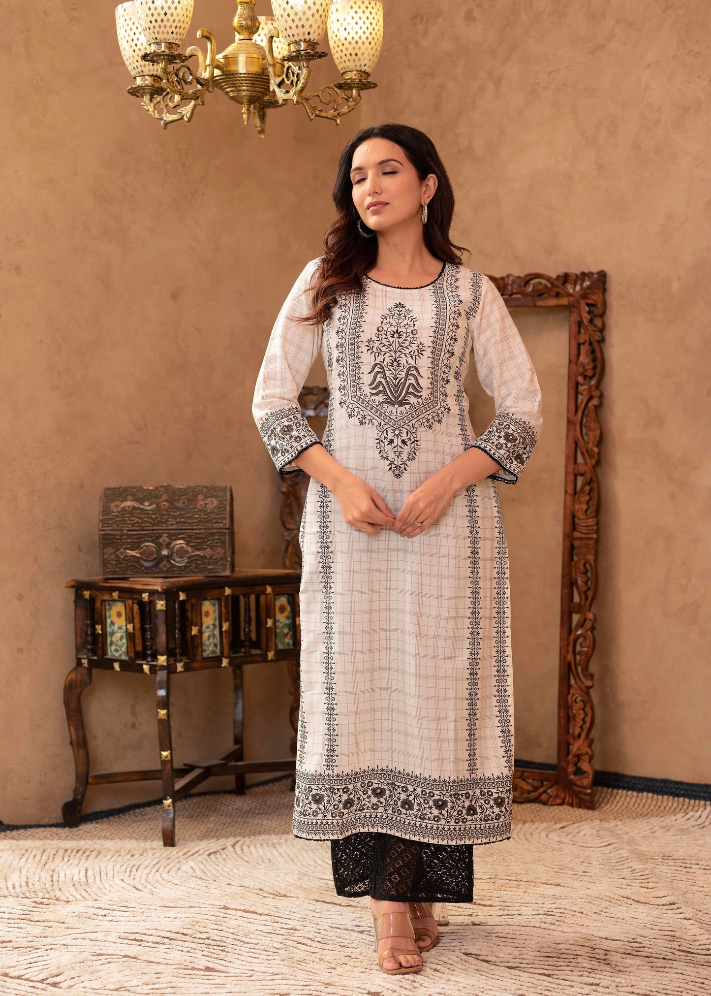 Juniper Black & White Ethnic Motif Printed Viscose Kurta with Cotton Lace & Sequins - Distacart