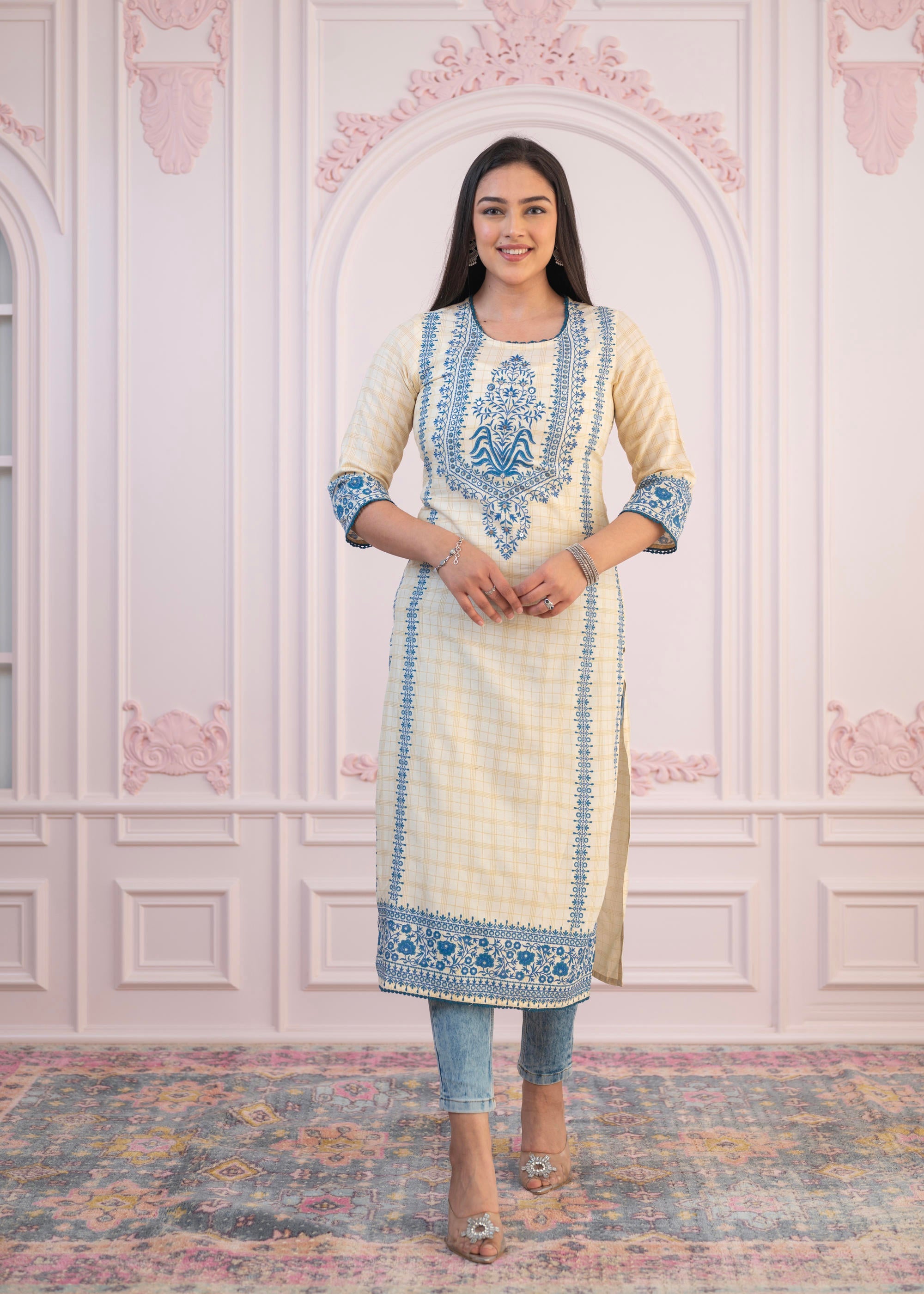 Juniper Blue Viscose Printed Kurta With Ethnic Motifs, Cotton Lace, Sequins & Bead Work