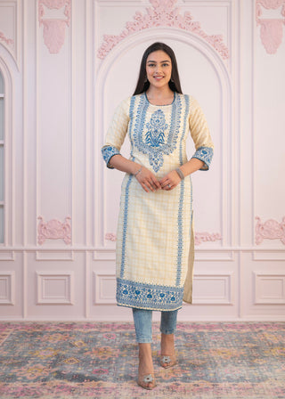Juniper Blue Viscose Printed Kurta With Ethnic Motifs, Cotton Lace, Sequins & Bead Work