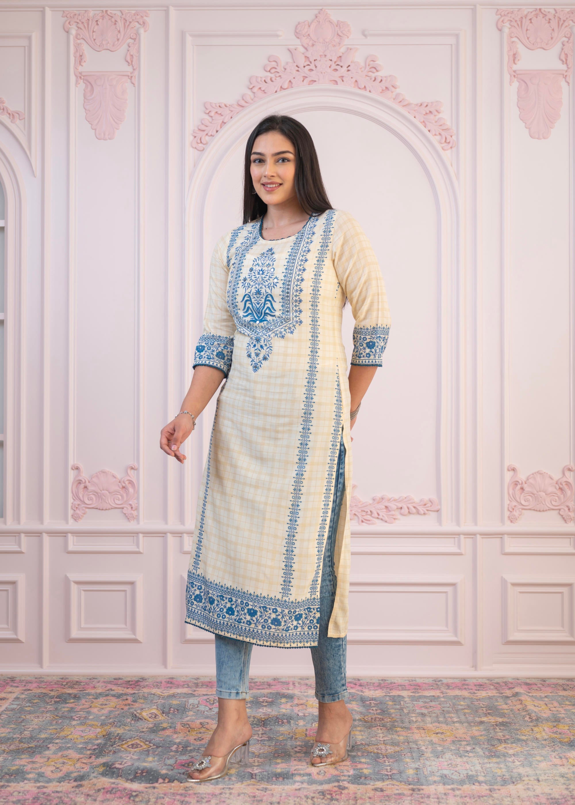 Juniper Blue Viscose Printed Kurta with Ethnic Motifs, Cotton Lace, Sequins & Bead Work - Distacart