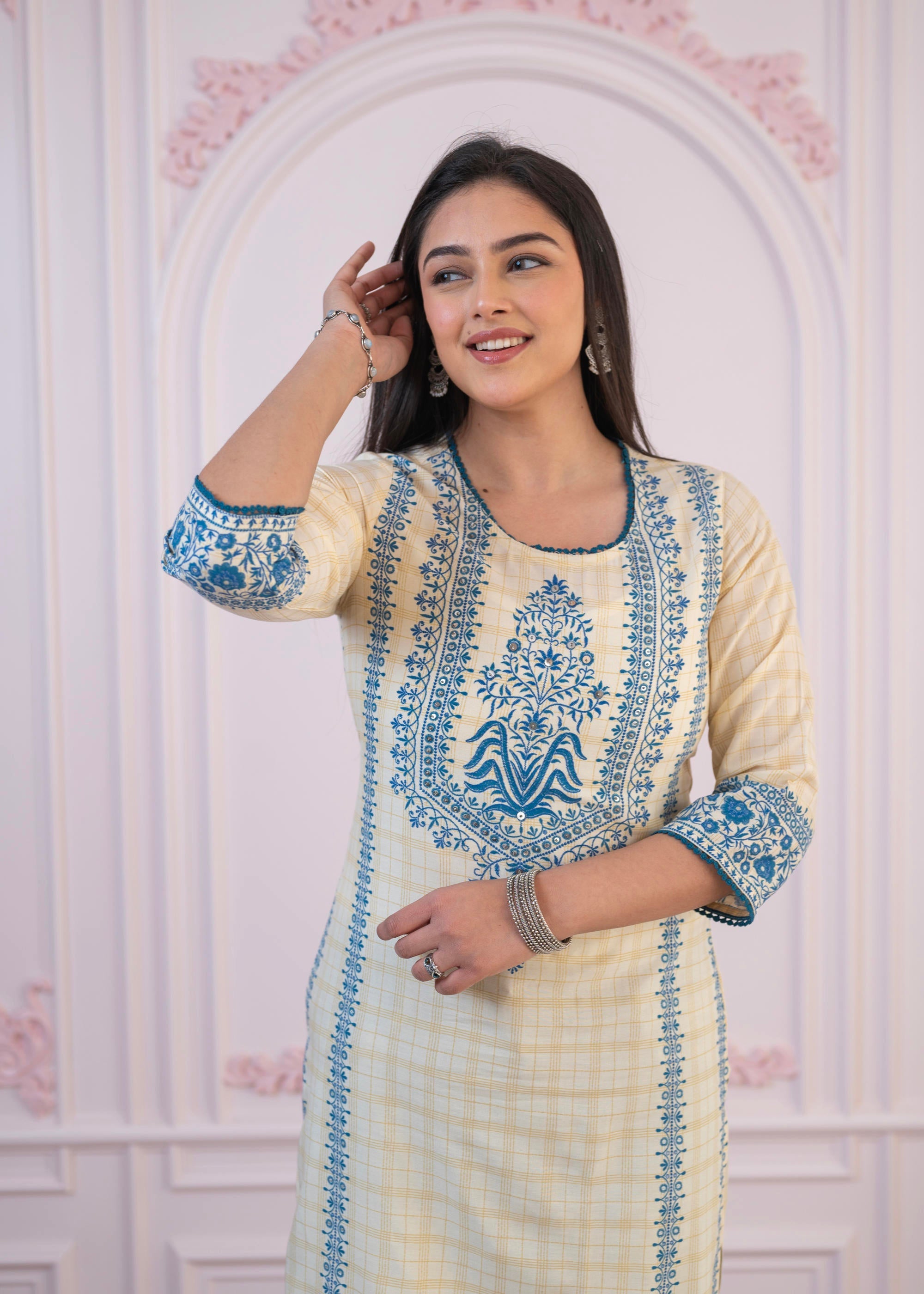 Juniper Blue Viscose Printed Kurta With Ethnic Motifs, Cotton Lace, Sequins & Bead Work