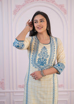 Thumbnail for Juniper Blue Viscose Printed Kurta With Ethnic Motifs, Cotton Lace, Sequins & Bead Work