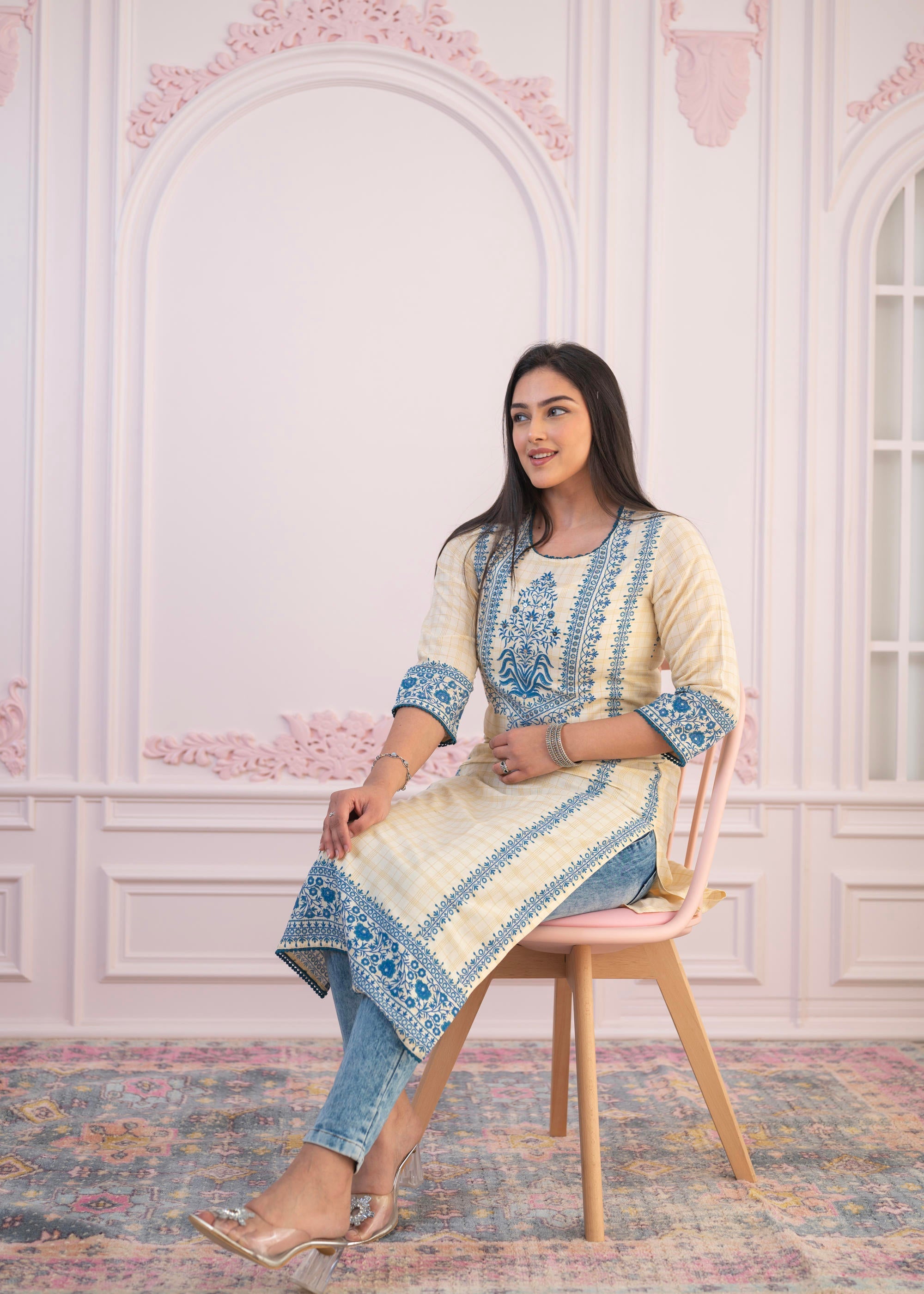 Juniper Blue Viscose Printed Kurta With Ethnic Motifs, Cotton Lace, Sequins & Bead Work