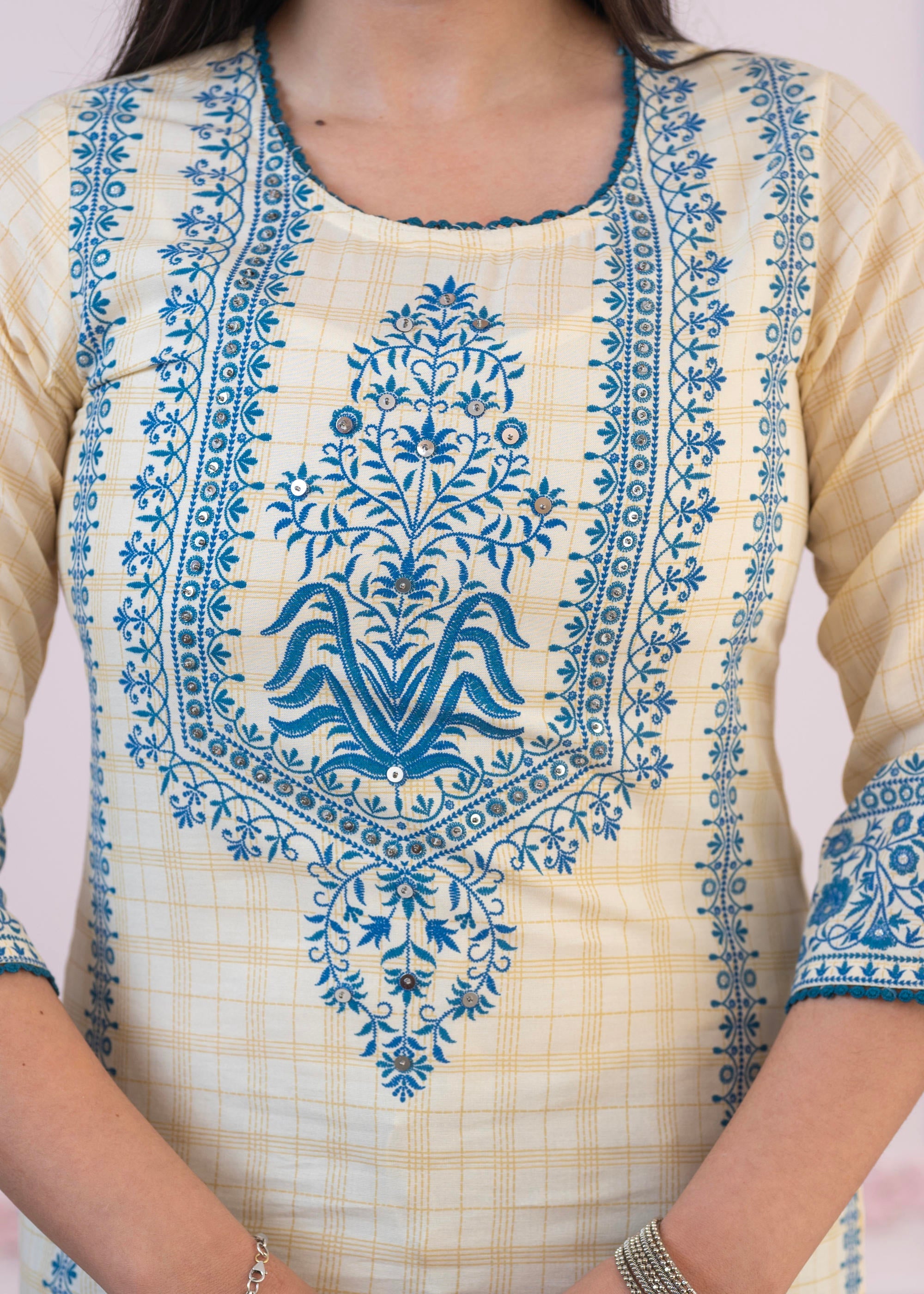 Juniper Blue Viscose Printed Kurta With Ethnic Motifs, Cotton Lace, Sequins & Bead Work