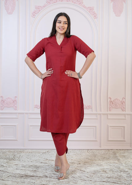 Juniper Maroon Cotton Linen Pleated Kurta-Pant Set with Cotton Lace - Distacart