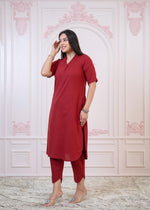 Thumbnail for Juniper Maroon Cotton Linen Pleated Kurta-Pant Set With Cotton Lace