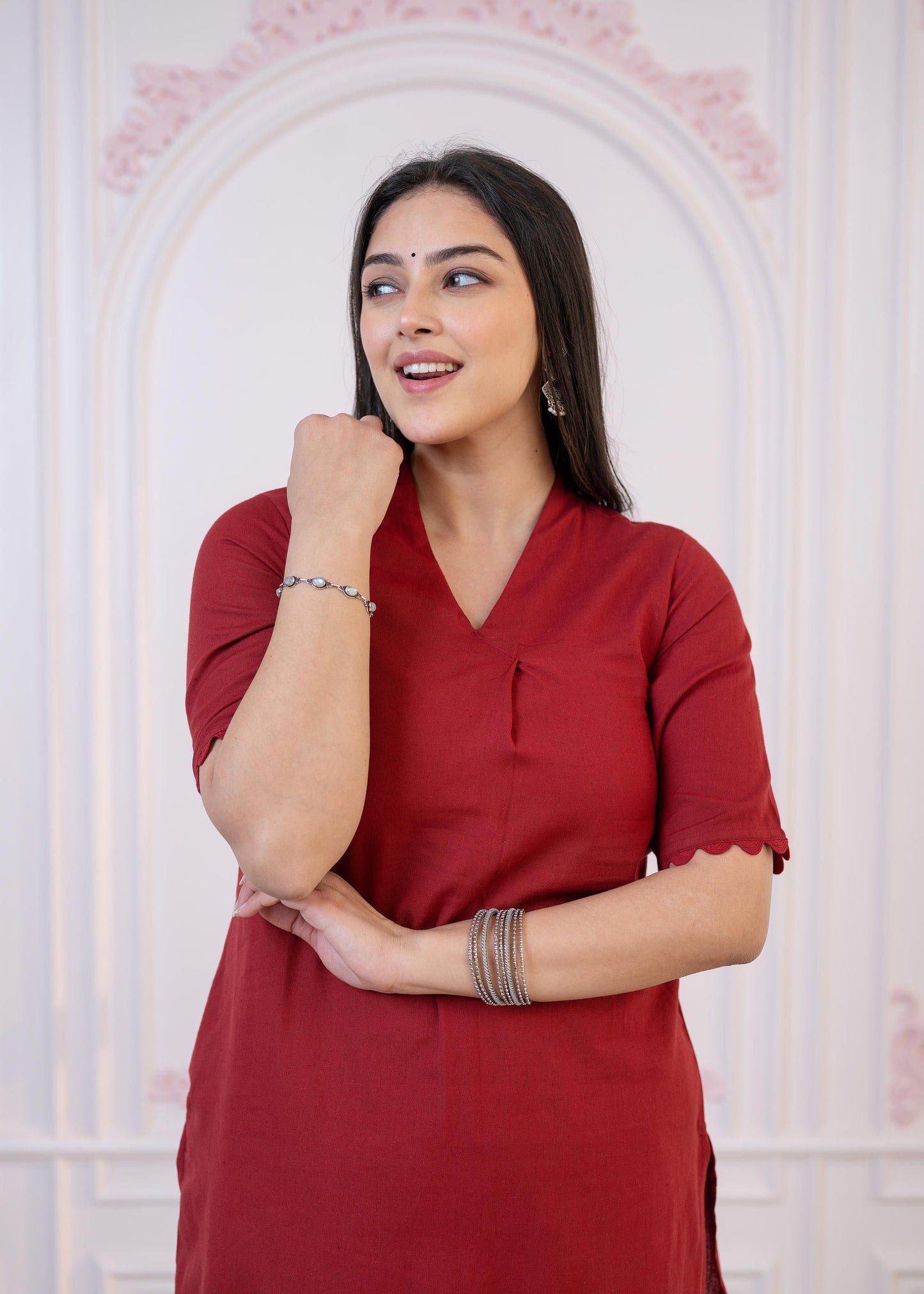Juniper Maroon Cotton Linen Pleated Kurta-Pant Set with Cotton Lace - Distacart