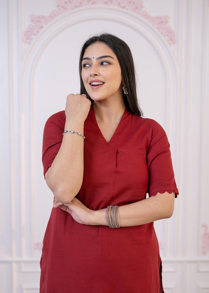 Juniper Maroon Cotton Linen Pleated Kurta-Pant Set with Cotton Lace - Distacart